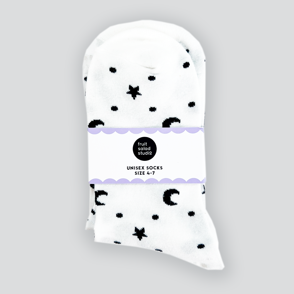 Star & Moon Patterned Socks – White