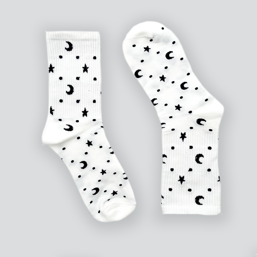 Star & Moon Patterned Socks – White