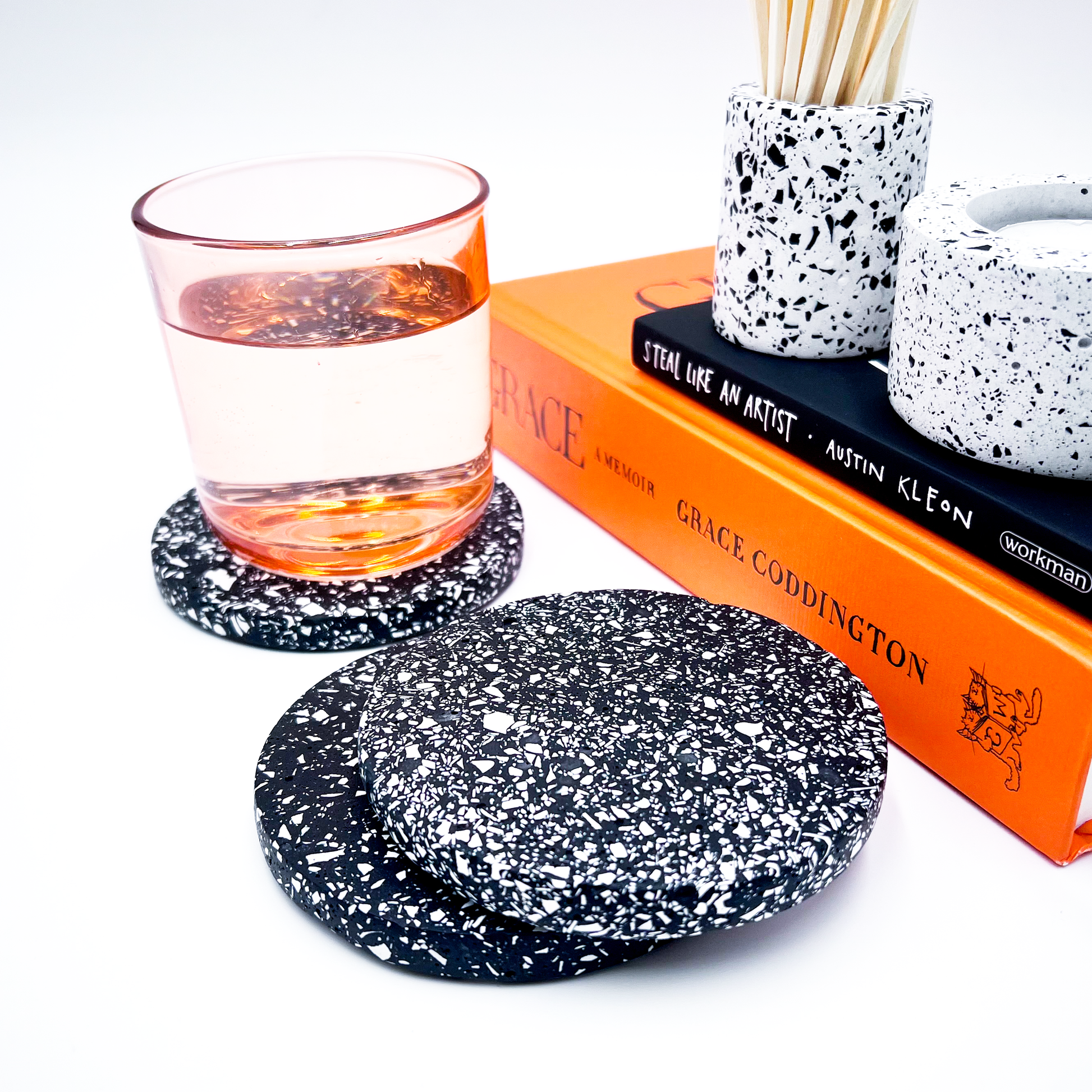 Black & White Jesmonite Terrazzo Coasters / Set Of 2 Or 4 - Fruit Salad Studio