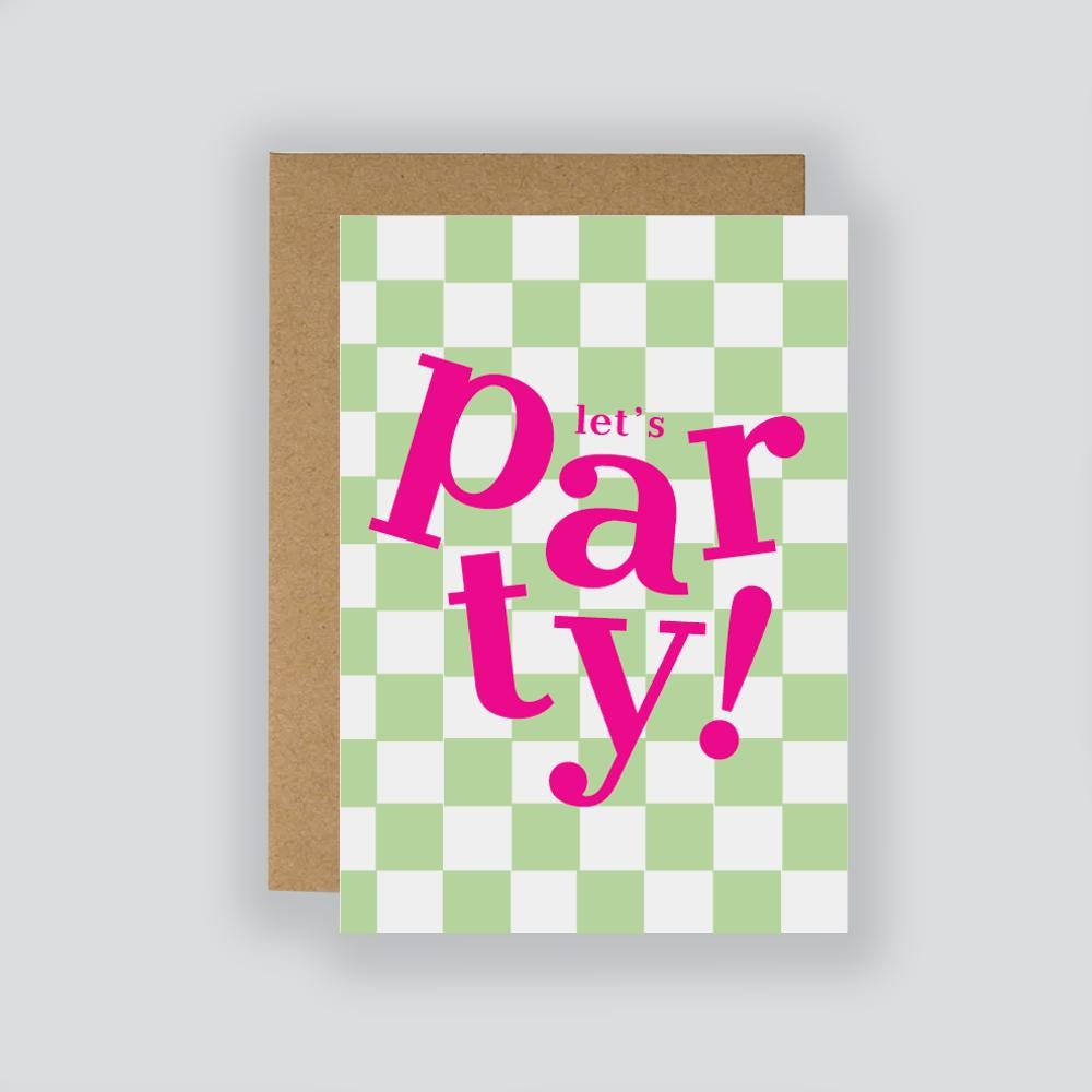 Let's Party Bright Pink Checked Birthday Card / Birthday Card / Alternative Card / Card For Him / Card For Her / Celebration Card